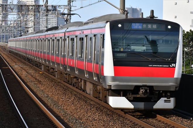 京葉車両センターE233系ケヨ502編成を市川塩浜駅で撮影した写真